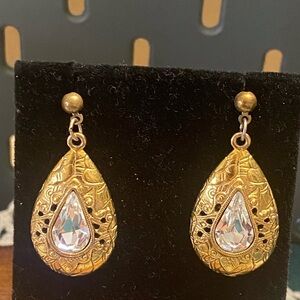 Vintage 1928 Gold Tone and Crystal Drop Post Earrings J040